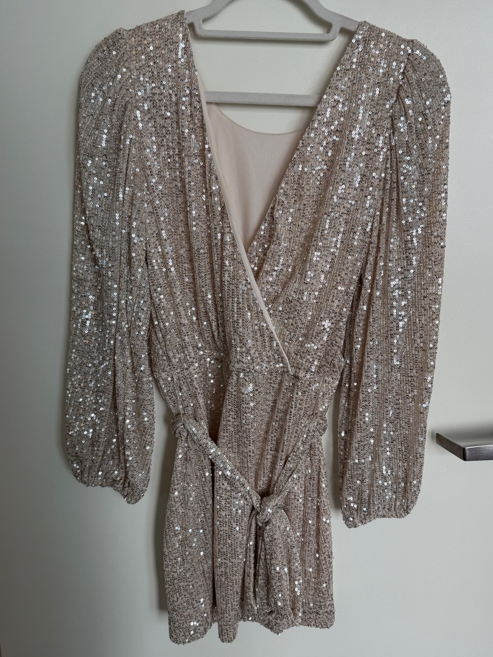 Altar'd State Champagne Gold Sequin Wrap Mini Dress
